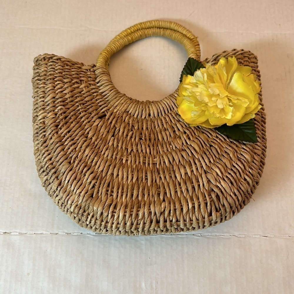 Straw Woven Half Moon Bag | Coastal Resort Boho Cottagecore Floral Purse